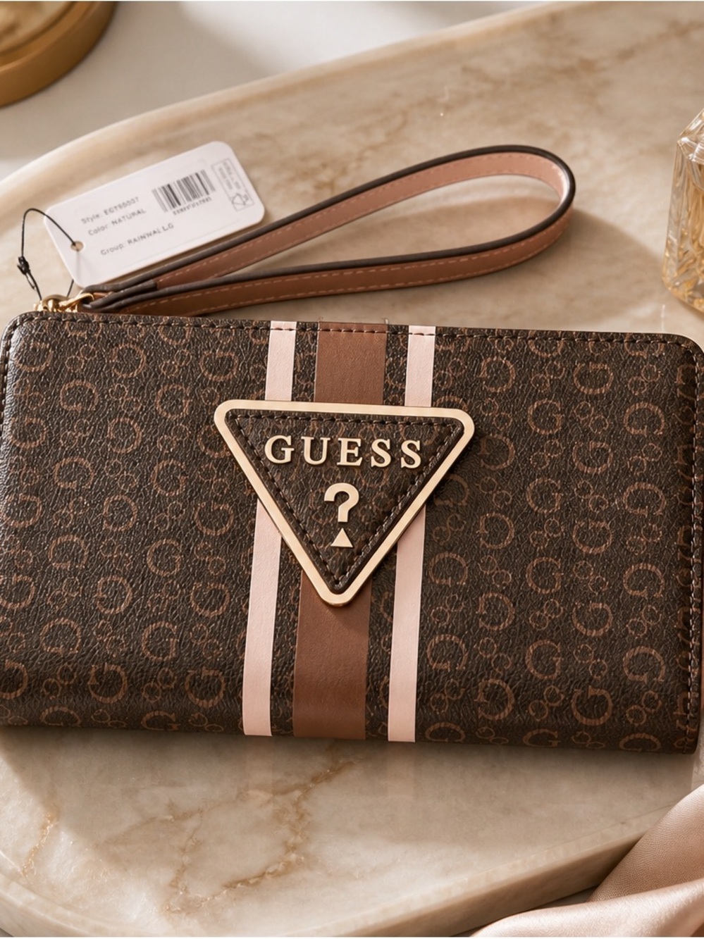 NWT GUESS Brown Logo Print Zip Wristlet Wallet Card Holder ID Window